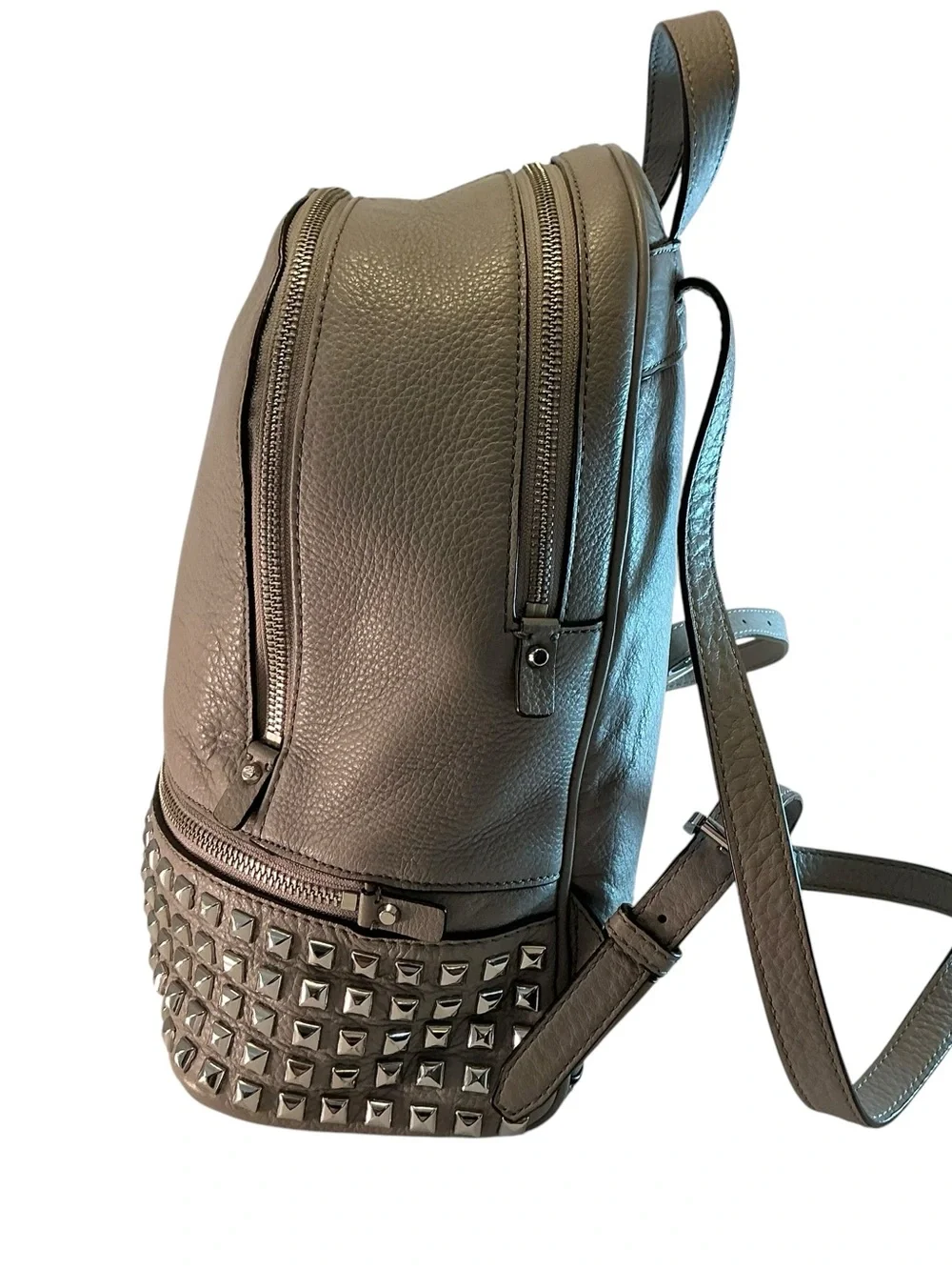 MICHAEL KORS Rhea Zip Studded Backpack Pebbled Leather Bag Pearl Gray- 12